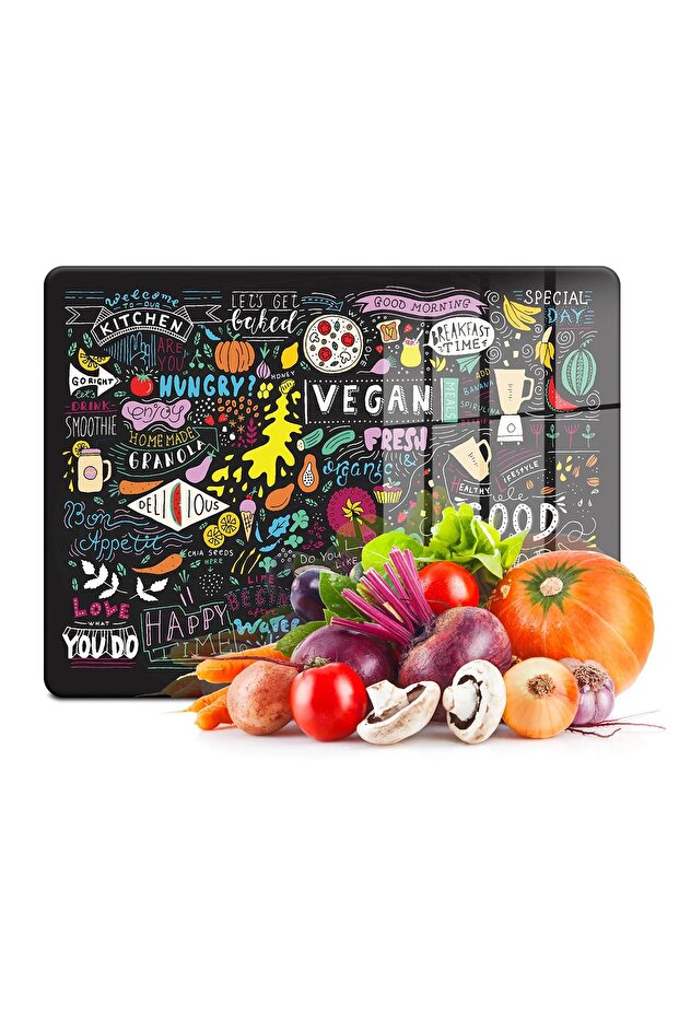 Glass Cutting Board and Presentation Plate Vegan Mixed Text Patterned 20X30 cm