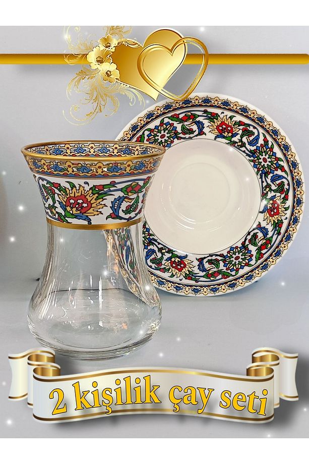 Altın çini desenli model 2 porselen tabak 2 ince belli bardak  2 kişilik set - 3