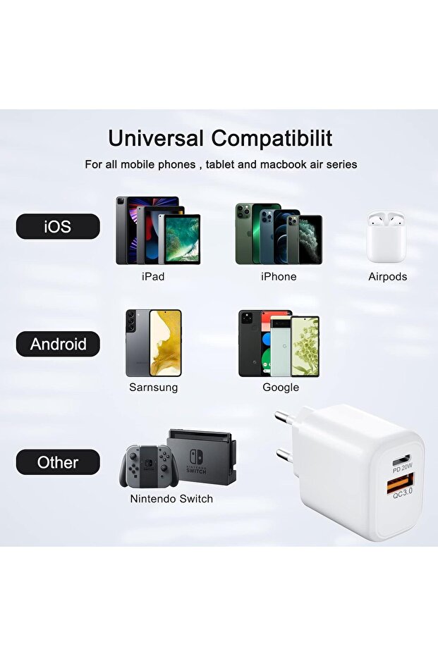 Hızlı şarj USB Type-A USB Type-C Apple Uyumlu Qc-50 Hızlı 3.0A 15W USB Lightning Quick Şarj Aleti - 3