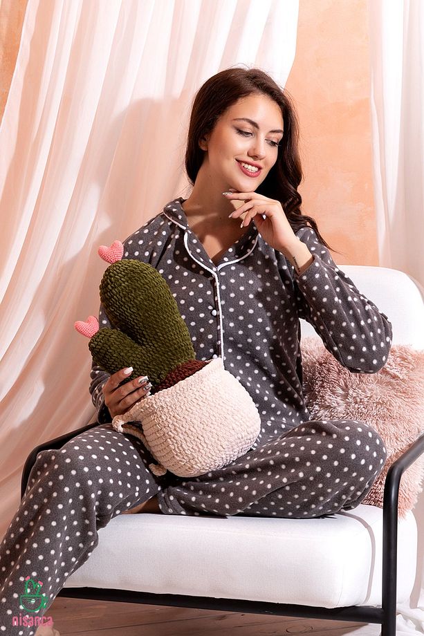 Kışlık Welsoft Peluş Inci Polar Düğmeli Yılbaşı Pijama Takımı 'ipeksi Doku' - 2