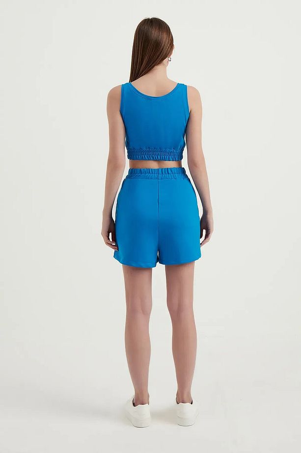 2 Parça: Bisiklet Yakalı Kolsuz Crop Top ve Yüksek Bel Elastik Bel Şort - 4