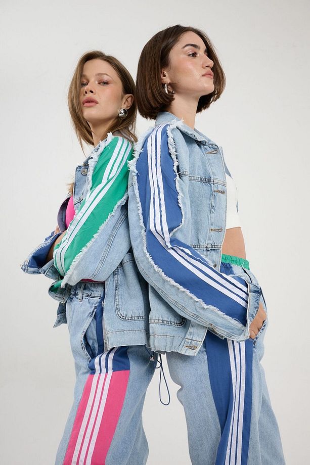 Kadın Renk Şeritli Kot Ceket ve Kot Pantolon Jean Baggy ve Jogger Model - 6