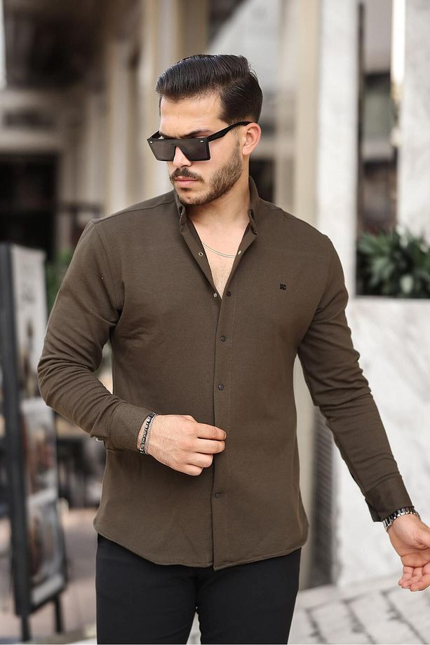 Erkek Basic Çıtçıtlı Kışlık Uzun Kollu Haki Gömlek - 1