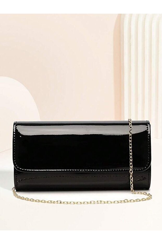 Women's Chain Portfolio & Clutch Black Patent Leather Shoulder Evening Bag