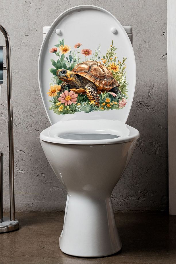 Klozet Sticker Sevimli Kaplumbağa ve Çiçekler Temalı Banyo Tuvalet Sticker - 5
