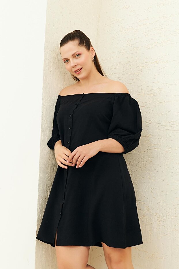 SİYAH DÜĞMELİ KETEN ELBİSE - 1