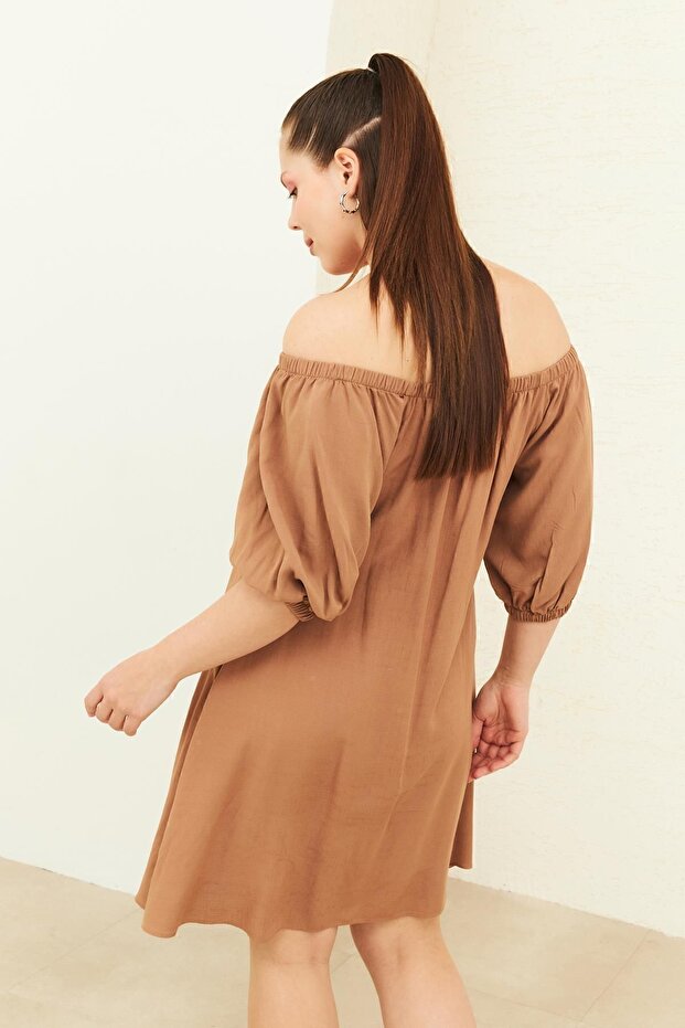 CAMEL DÜĞMELİ KETEN ELBİSE - 2