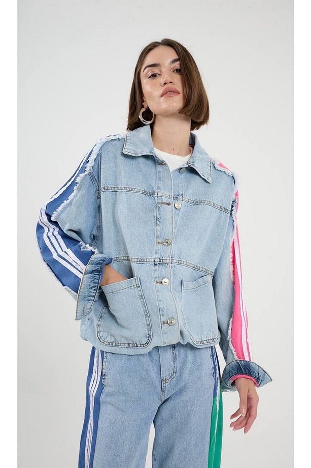 Kadın Renk Şeritli Kot Ceket ve Kot Pantolon Jean Baggy ve Jogger Model - 3