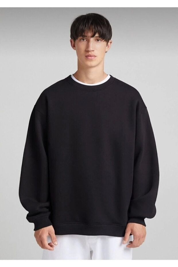 Pamuklu Unisex Oversize Basic Bisiklet Yaka Sweatshirt - 1