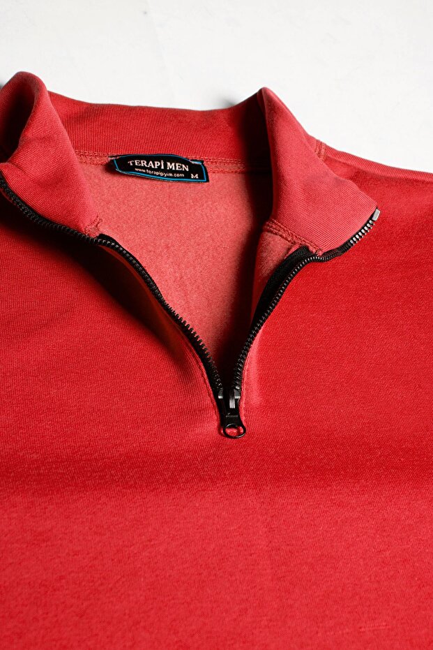 Men's Light Red Basic Plain Sweatshirt - Half Zipper - 5