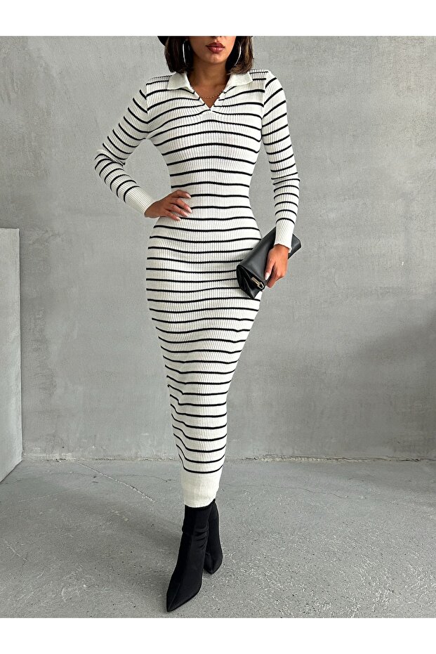 White Striped Polo Collar Women's Knitwear Dress