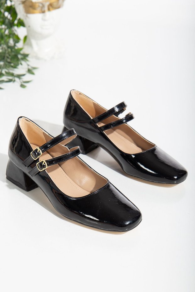 Black Patent Leather Mary Jane - Double Buckle Women's Heeled Shoes