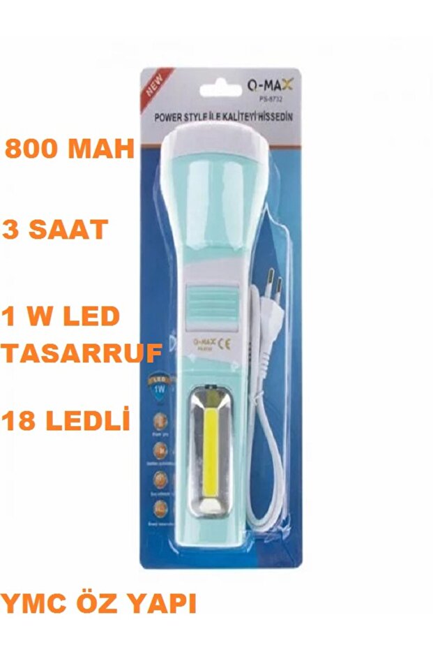 Q-MAX ŞARJLI KABLOLU FİŞLİ EL FENERİ 4V 800 MAH 18 LED 3 SAAT KULLANMA LED 1 WATT - 1