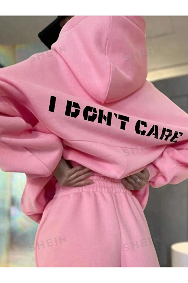 سويت شيرت نسائي مطبوع عليه عبارة "I Dont Care" مكون من 3 خيوط مزدوجة