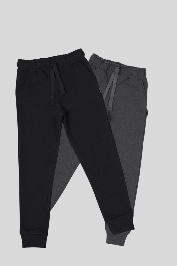 Black-Anthracite Thick Cotton Elastic Waist and Leg Pocket 2-Piece Girl's Sweatpants
