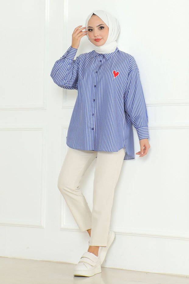 Women's Cobalt Blue White Striped Red Heart Embroidered Hijab Shirt