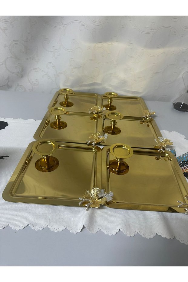 Stainless Steel Cake Dessert Groom Presentation Tray with Gold Butterfly Accessory and Gold Turkish Delight Bowl - Set of 6