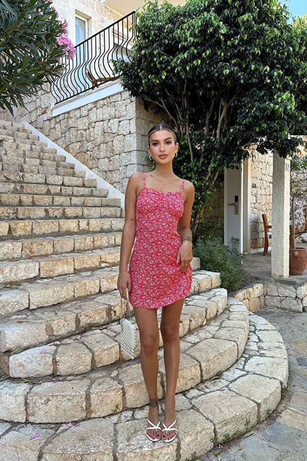 Kırmızı Askılı Mini Elbise ATE7791 - 1