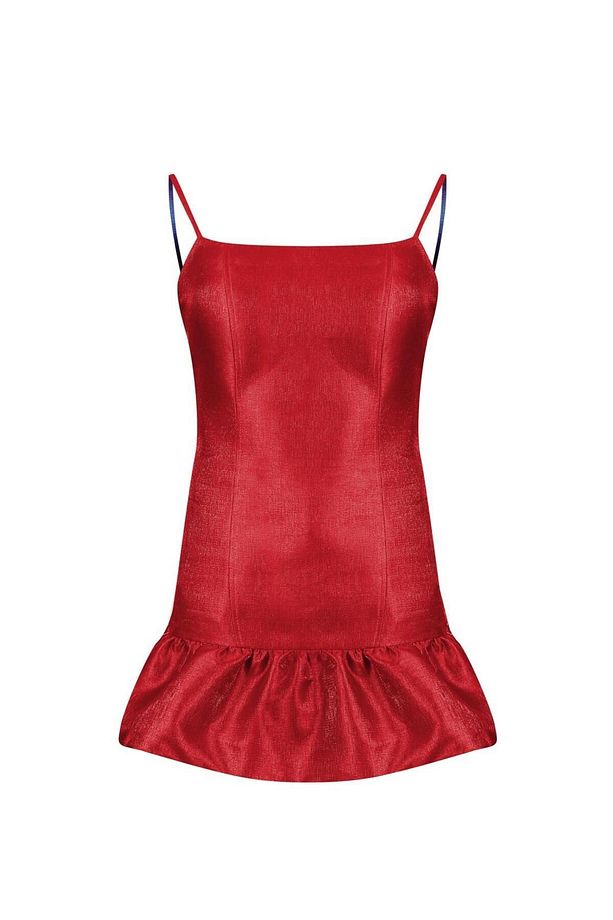 Özel Tasarım Couture İnce Askılı Glop Balen Destekli Straplez Kırmızı Süper Mini Abiye Elbise - 1