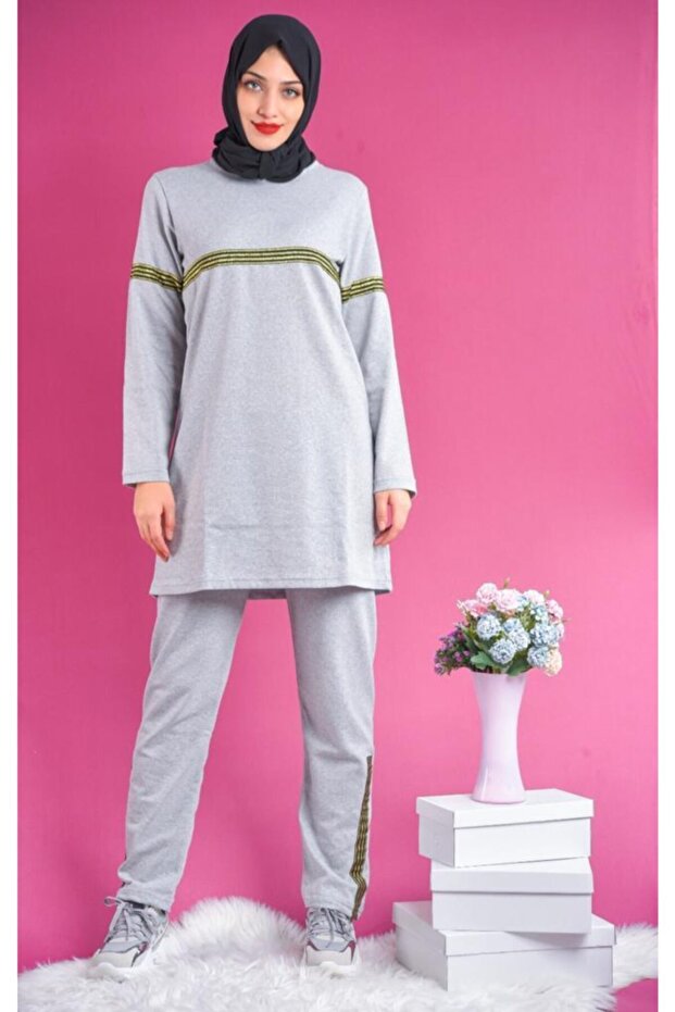 Women's Hooded Glitter Striped Tracksuit Set Gray