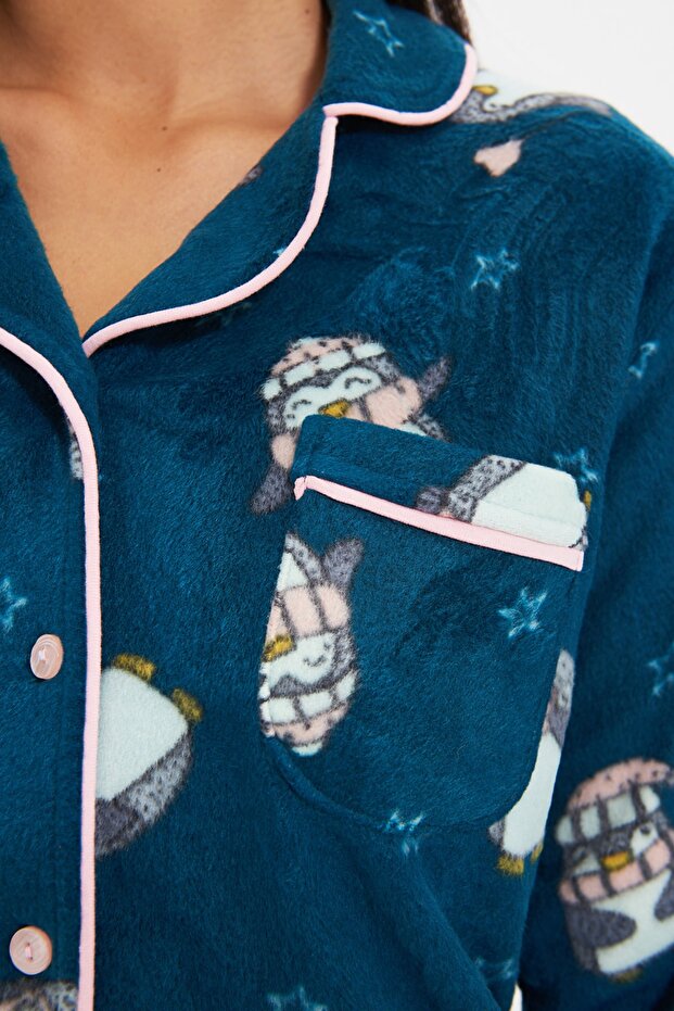Petrol Penguin Patterned Fleece Winter Knitted Pajamas Set Thmaw22Pt0356 - 24