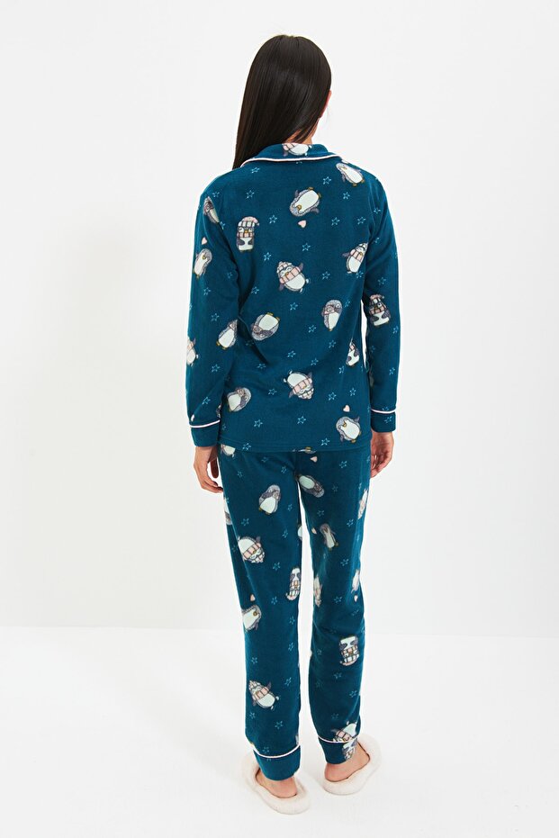 Petrol Penguin Patterned Fleece Winter Knitted Pajamas Set Thmaw22Pt0356 - 20
