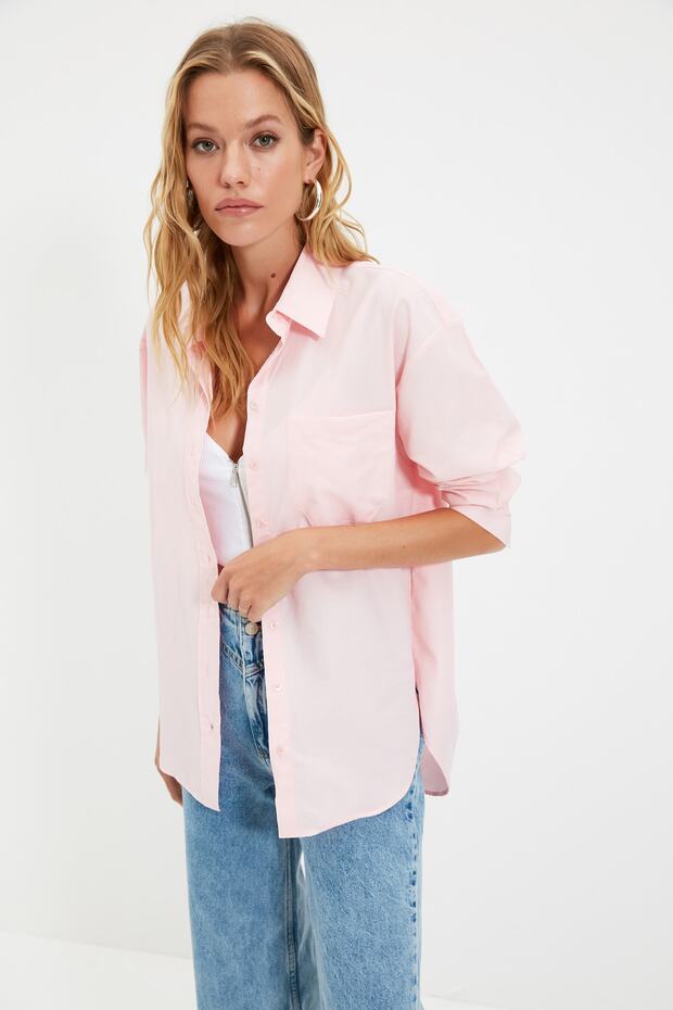 Pembe Tek Cepli Boyfriend/Geniş Kalıp Pamuklu Dokuma Gömlek TWOAW20GO0115 - 3