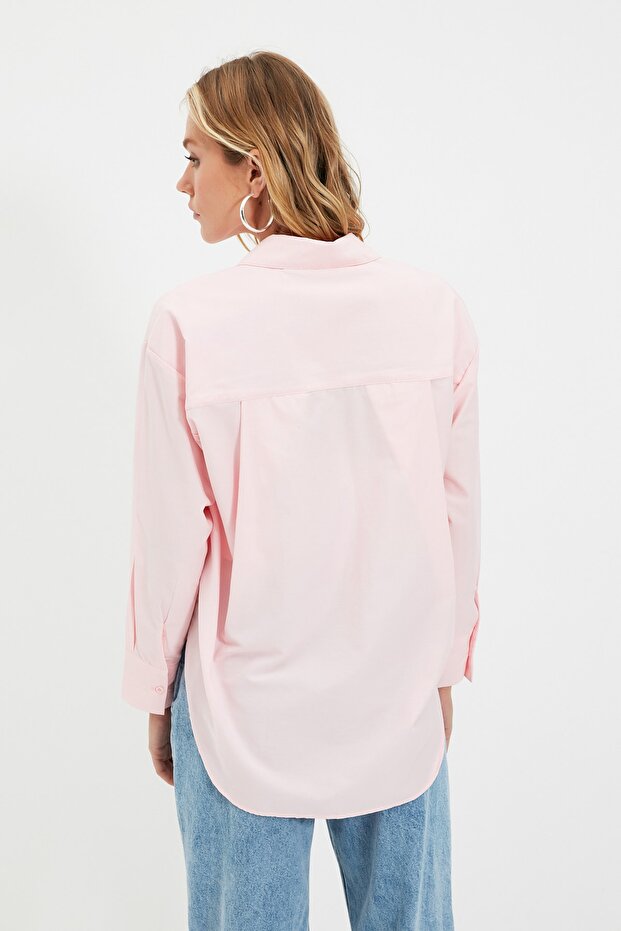 Pembe Tek Cepli Boyfriend/Geniş Kalıp Pamuklu Dokuma Gömlek TWOAW20GO0115 - 6