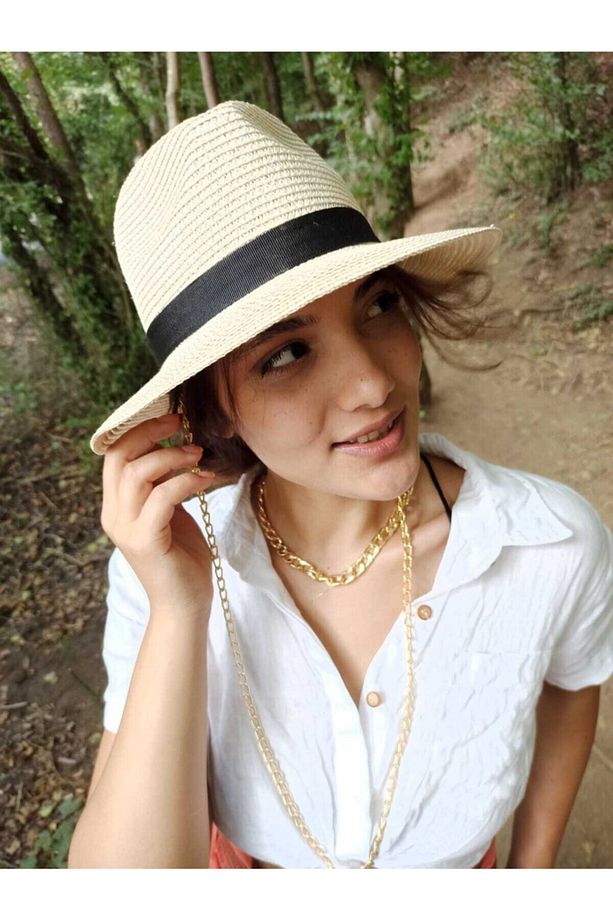 Kovboy Model Zincirli Hasır Şapka - 4