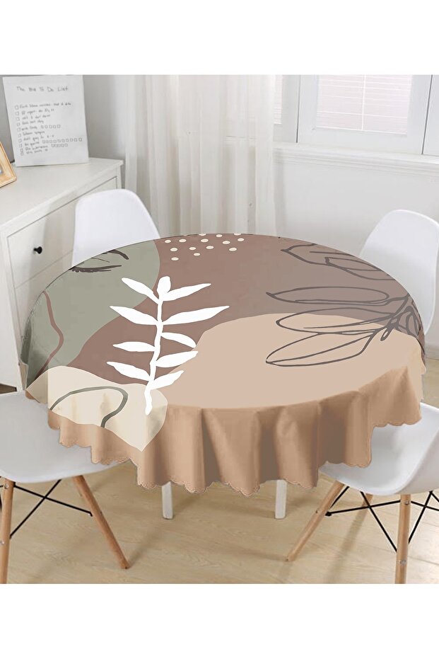 مفرش طاولة دائري منقوش باللون البني - 1