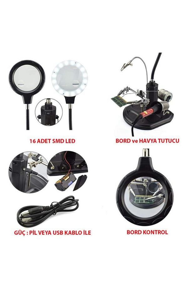 802 Büyüteç Lehim Havya Sehpa Standı Yardımcı El Led 2.5/4x - 3