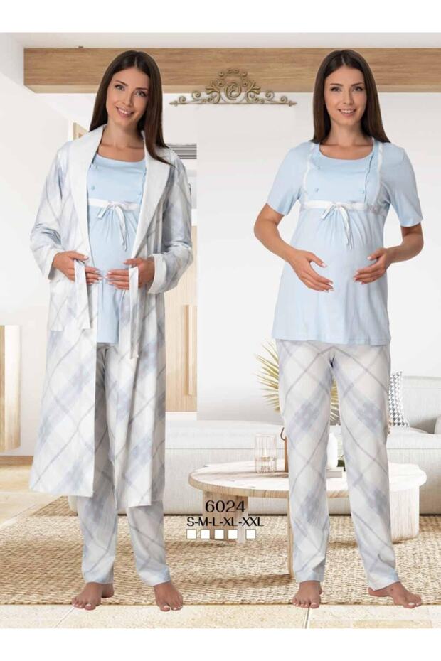 Effort Women's Blue Plaid 3-Piece Set with Adjustable Waist Maternity Pajamas Set