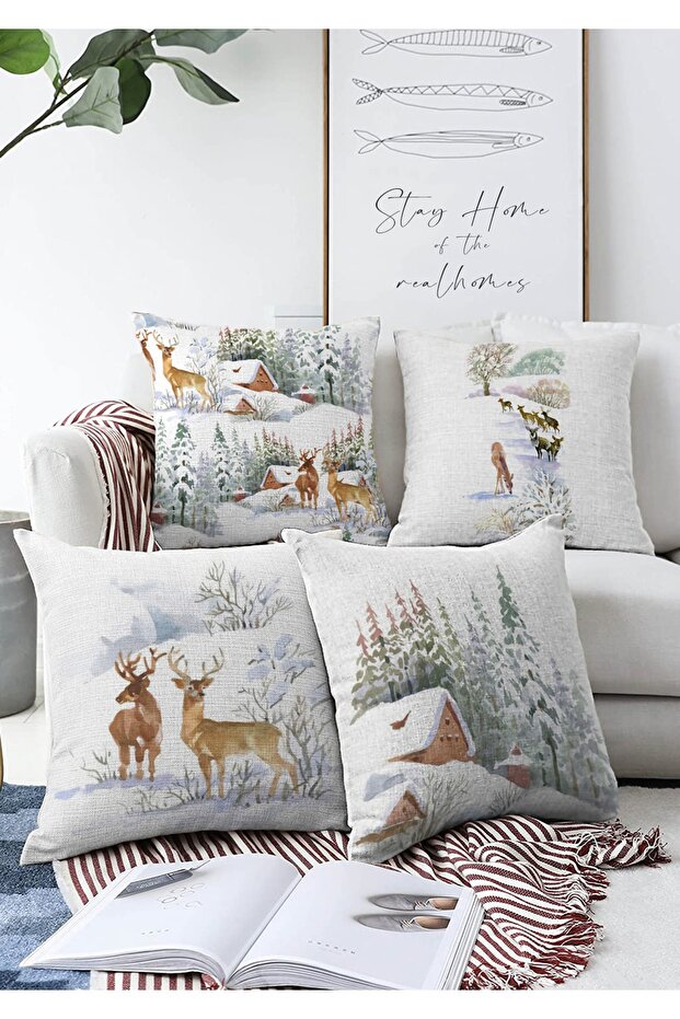 4-Piece Double Sided Deer Tie House Winter Themed Digital Printed Modern Raschel Knitted Throw Pillow Cover Set