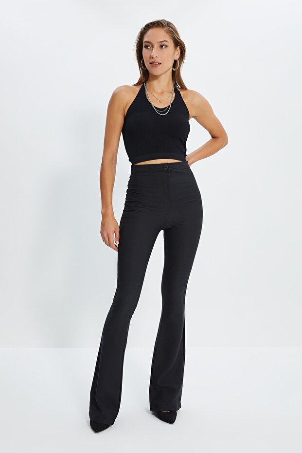 Siyah İspanyol Paça Flare Bootcut Dokuma Kumaş Pantolon TWOAW20PL0576 - 2