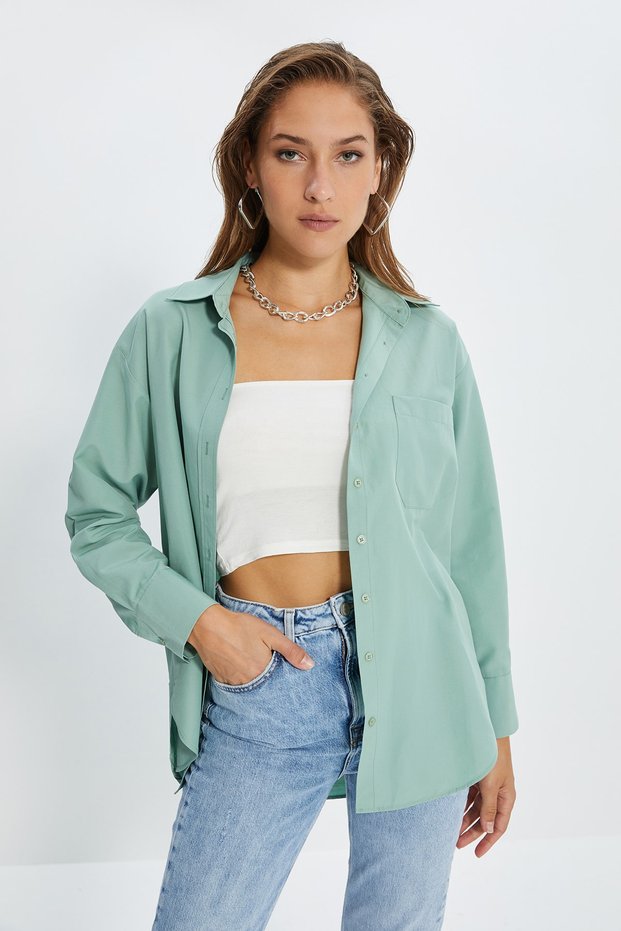 Mint Single Pocket Boyfriend/Wide Fit Cotton Woven Shirt TWOAW20GO0115