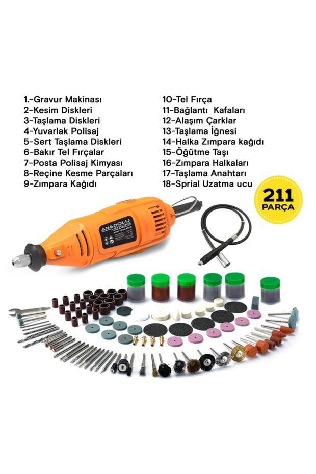 Anadolustrong 6 Kademe Devir Ayarlı 130 W Gravür Hobi Taşlama Seti Şarft Hediyeli Çantalı 211 Parça - 3
