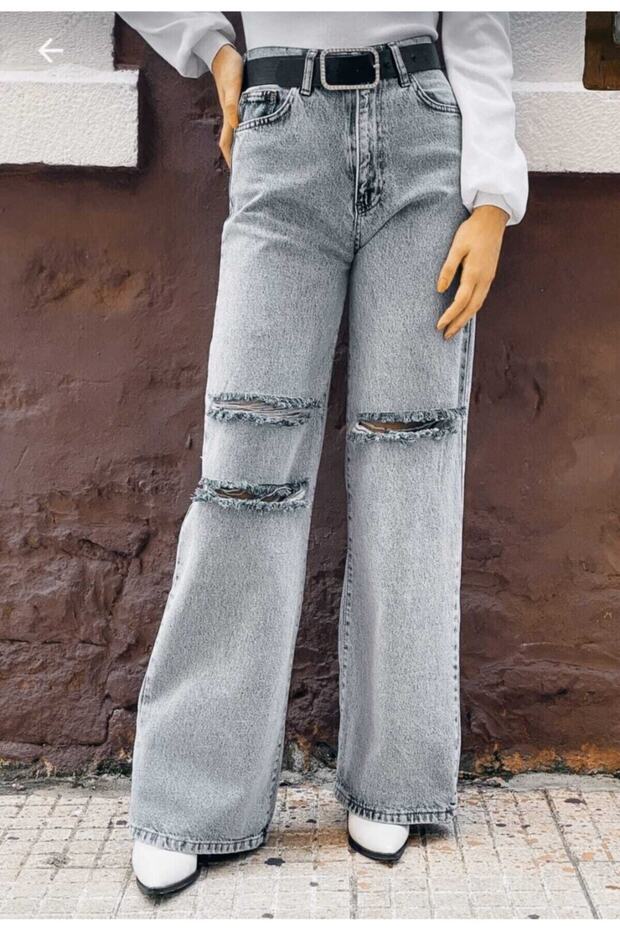 Yırtık S.o.l.m.a.z Mavi Kar Yıkama Süper Yüksek Bel Salaş Jean Pantolon. (SÜPER YÜKSEK) Wide Leg - 4
