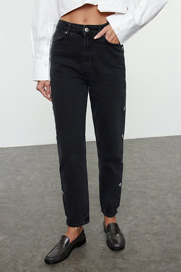 Siyah Taşlı Yüksek Bel Mom %100 Pamuk Non-Stretch Jeans TWOAW25JE00255 - 3