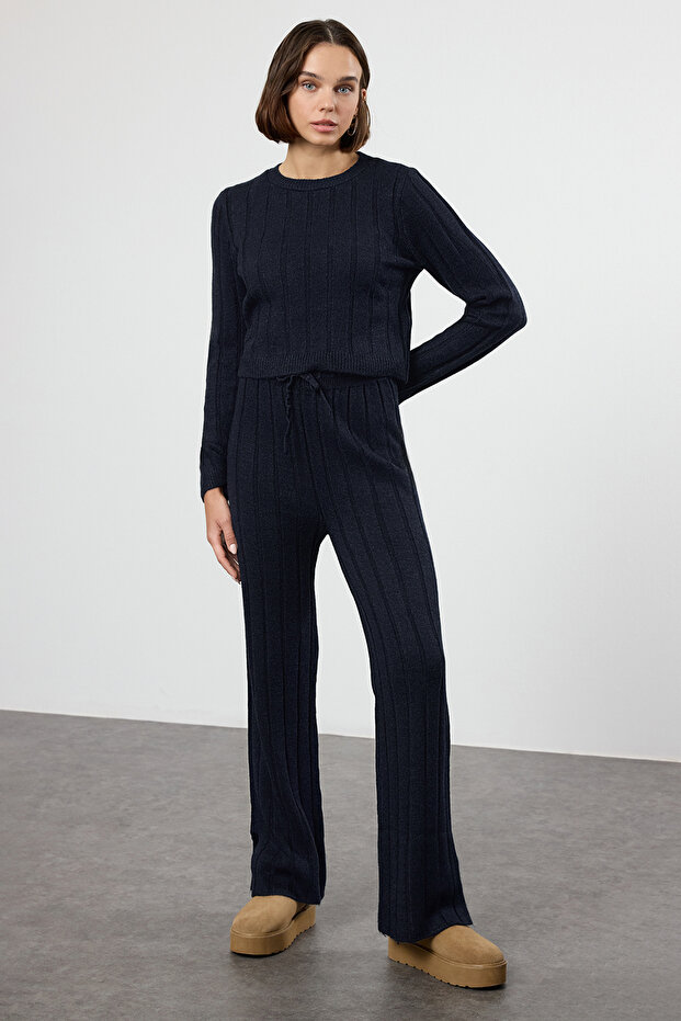 Navy Blue Crop Sweater-Pants Knitwear Bottom - Top Set Twoaw25Au00038