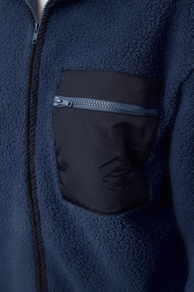 Winter Essentials Indigo Kalın Polar Fermuarlı Dik Yaka Cepli Örme Sweatshirt TWOAW24SW00071 - 4