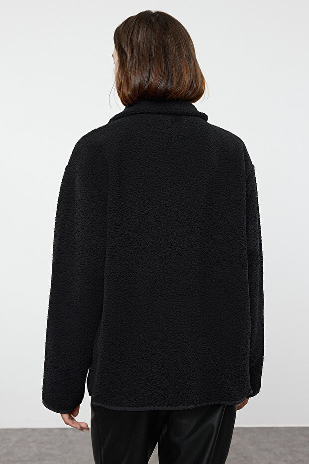 Winter Essentials Siyah Kalın Polar Fermuarlı Dik Yaka Uzun Kol Cepli Örme Sweatshirt TWOAW24SW00071 - 5