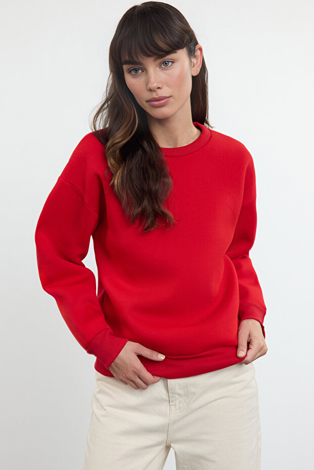 Red Knitted Sweatshirt with Thick Fleece Inside - Crew Neck Twoaw24Sw00101