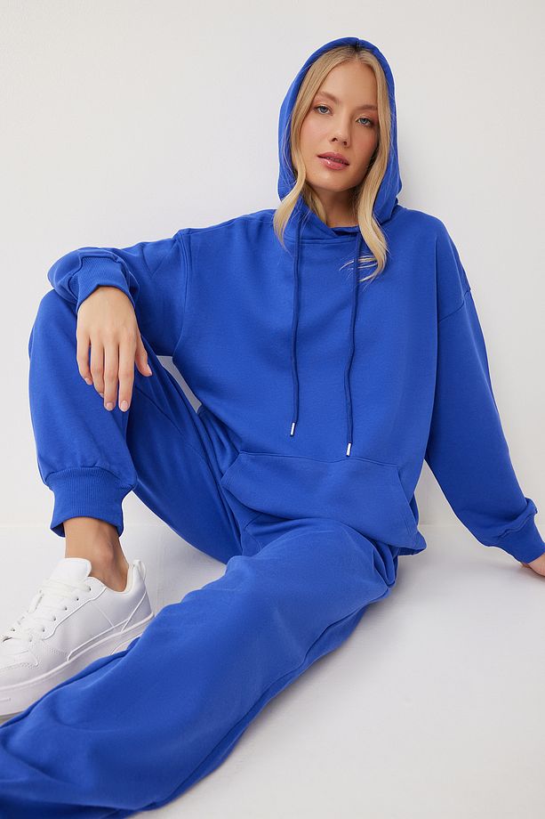 Kadın Mavi Kapüşonlu Sweatshirt Jogger Oversize Örme Eşofman Takımı PYS0027 - 1