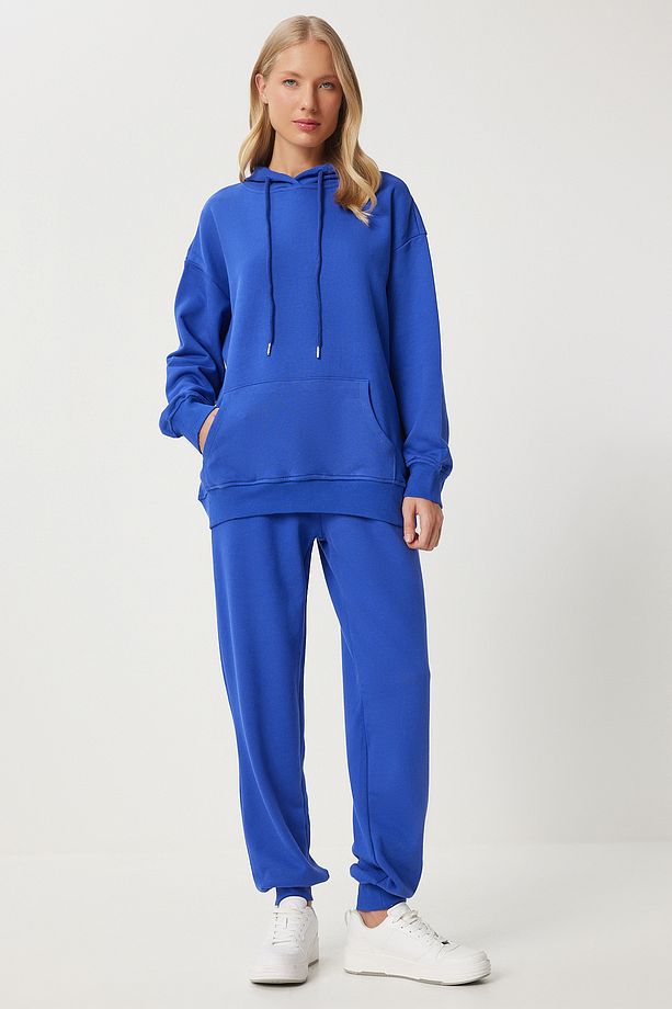 Kadın Mavi Kapüşonlu Sweatshirt Jogger Oversize Örme Eşofman Takımı PYS0027 - 3