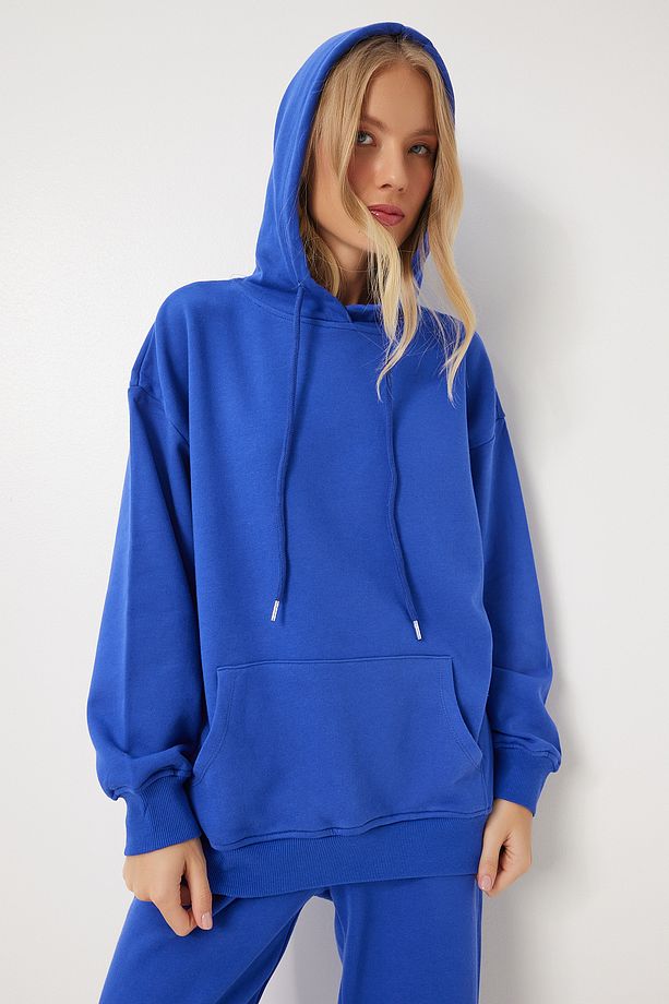 Kadın Mavi Kapüşonlu Sweatshirt Jogger Oversize Örme Eşofman Takımı PYS0027 - 4