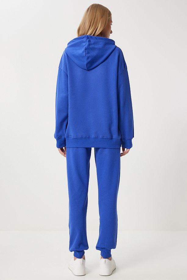 Kadın Mavi Kapüşonlu Sweatshirt Jogger Oversize Örme Eşofman Takımı PYS0027 - 7