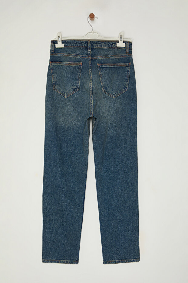 Lacivert Eskitme Efectli Baggy/90's Straight Fit Jeans Bol Kot Pantolon TMNSS24JE00012 - 8