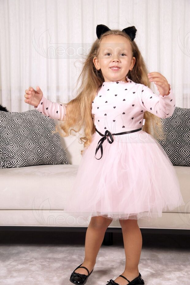 Baby Girl-Child Long Sleeve Heart Tulle Lined Dress for Birthdays and Special Occasions