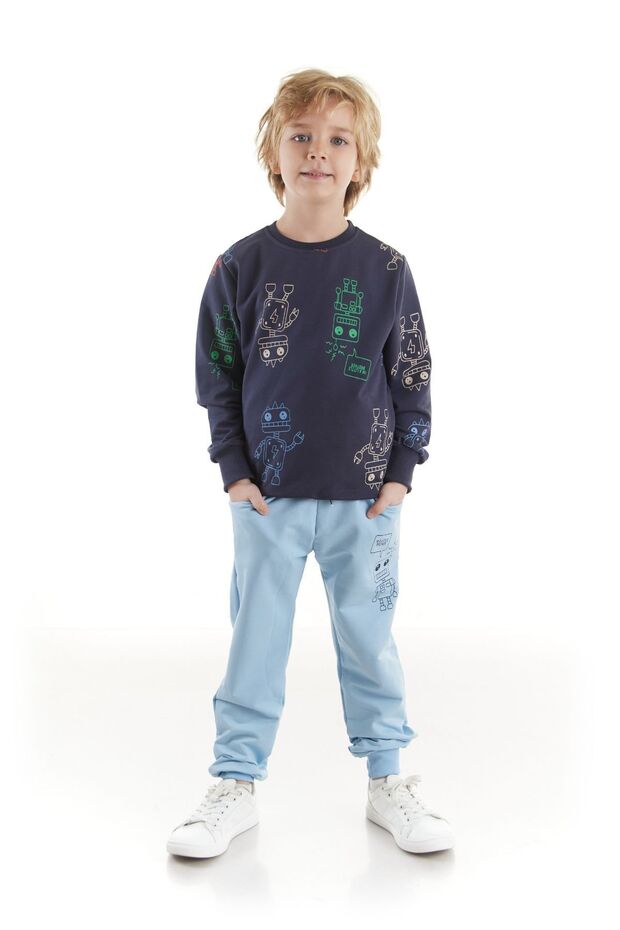 Boy's Robot Patterned Cotton Sweatshirt and Sweatpants Set - Ak2506