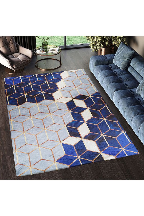 Modern Desenlerde Kadife Dokulu Lastikli Süngerli Kaymaz Yıkanabilir Halı Örtüsü - 12 m2 - 1